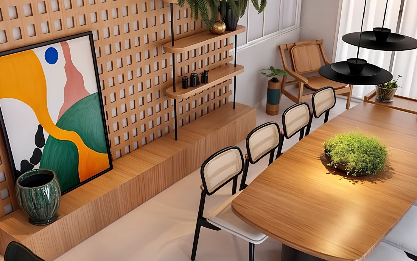 Sala de jantar residencial com marcenaria e arte