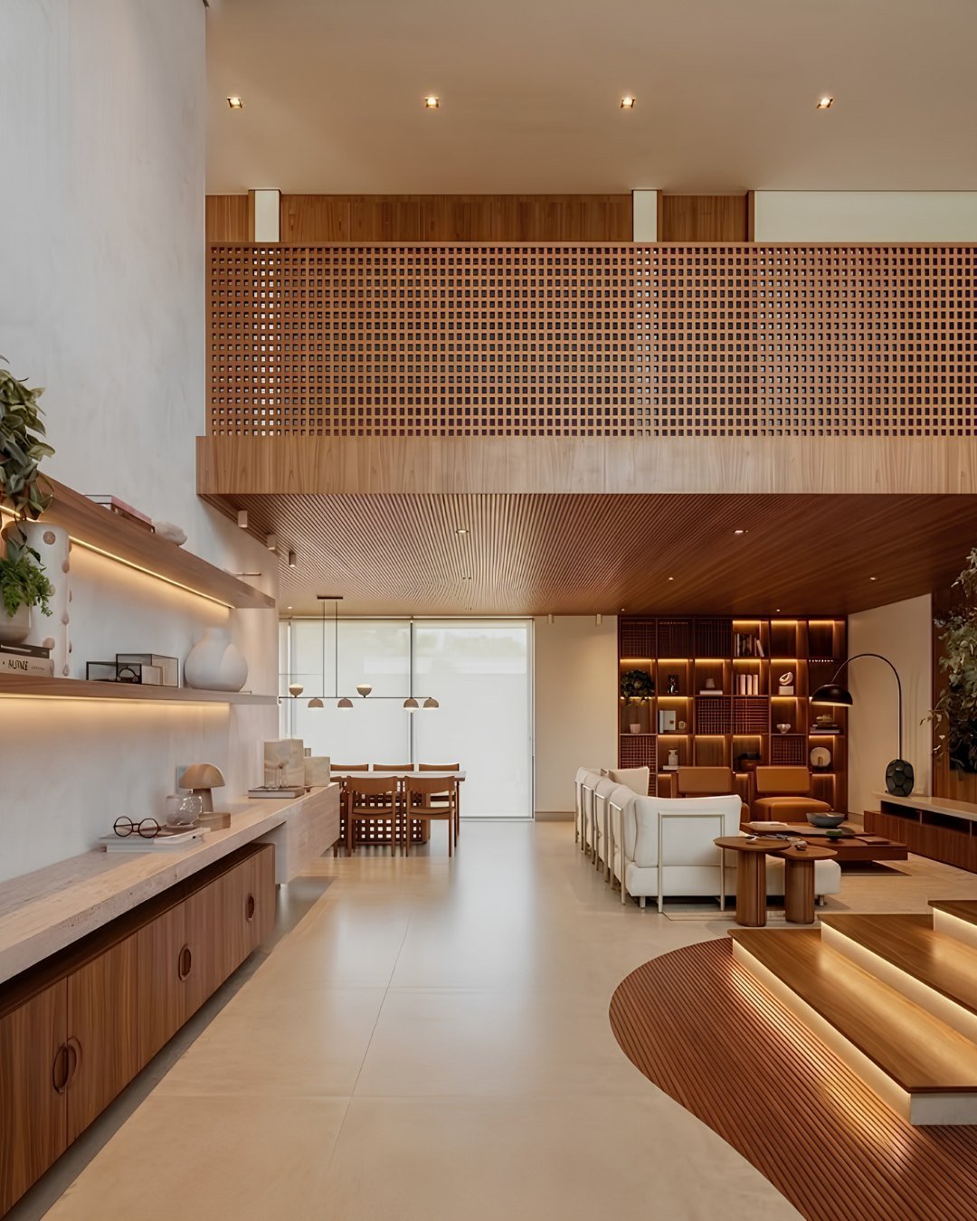 Sala residencial com pé-direito duplo e cobogó de madeira