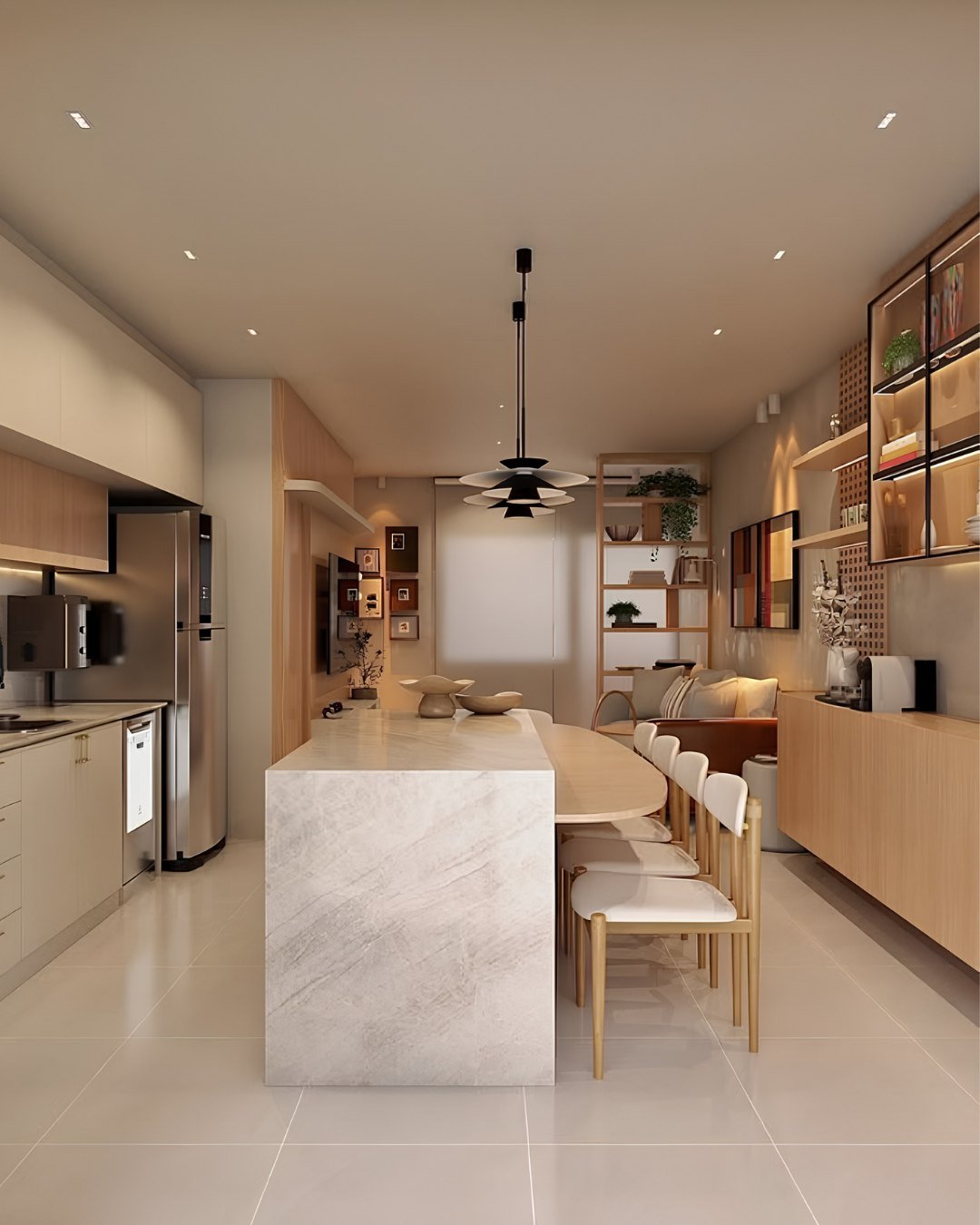Cozinha residencial com ilha de mármore